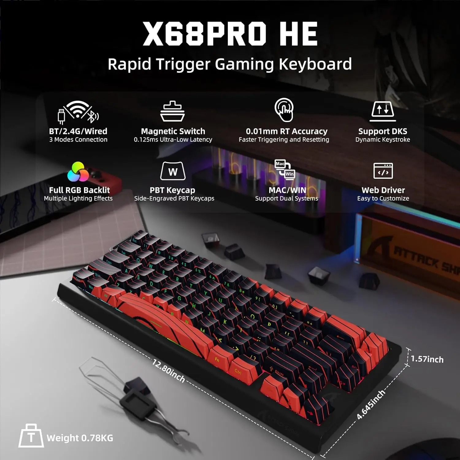 Gaming Keyboard Mechanical Wireless - ATTACK SHARK X68 PRO HE Keyboard