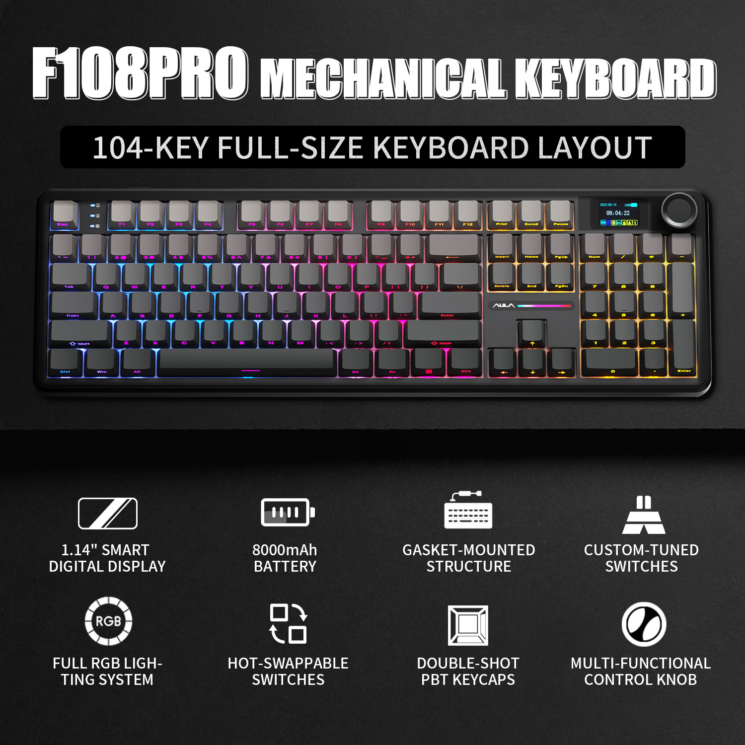Gaming Keyboard Mechanical Wireless - AULA F108 PRO Keyboard Mekanik Kustom